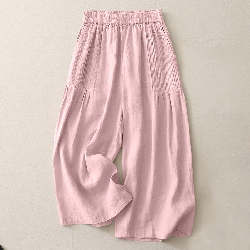 Buddha Stones Casual Plain Tucker Pleats Elastic Women's Polyester Wide Leg Pants With Pockets