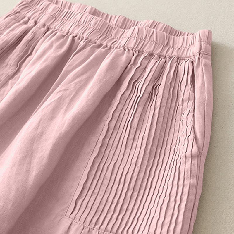 Buddha Stones Casual Plain Tucker Pleats Elastic Women's Polyester Wide Leg Pants With Pockets