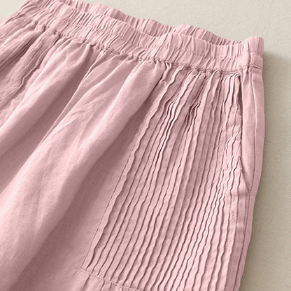 Buddha Stones Casual Plain Tucker Pleats Elastic Women's Polyester Wide Leg Pants With Pockets