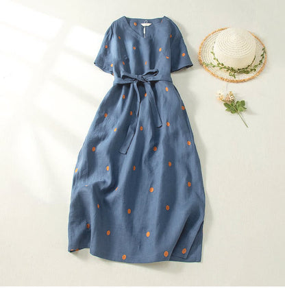 Buddha Stones Casual Dot Pattern Short Sleeve Lace-up Cotton Linen Women's Midi Dress With Pockets