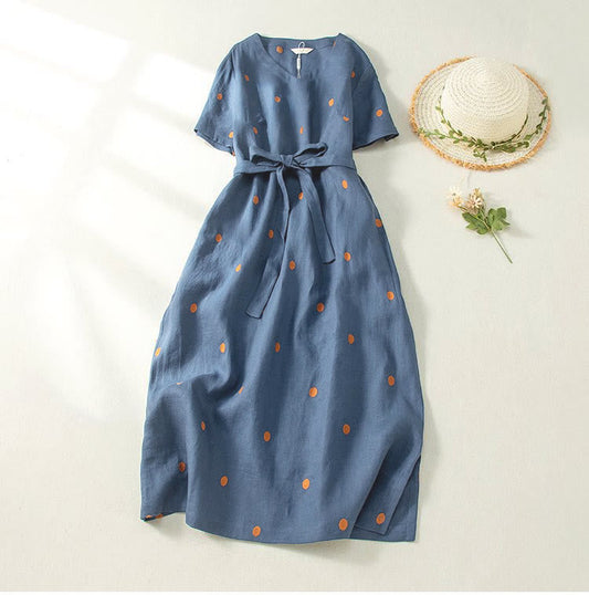 Buddha Stones Casual Dot Pattern Short Sleeve Lace-up Cotton Linen Women's Midi Dress With Pockets