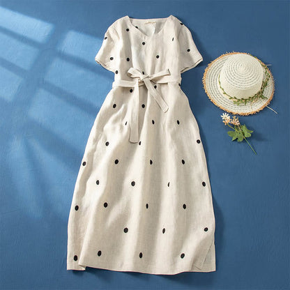 Buddha Stones Casual Dot Pattern Short Sleeve Lace-up Cotton Linen Women's Midi Dress With Pockets
