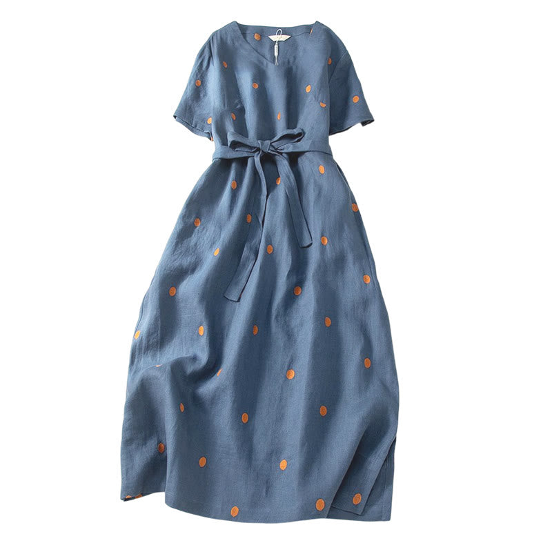 Buddha Stones Casual Dot Pattern Short Sleeve Lace-up Cotton Linen Women's Midi Dress With Pockets