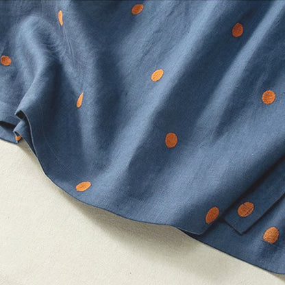 Buddha Stones Casual Dot Pattern Short Sleeve Lace-up Cotton Linen Women's Midi Dress With Pockets