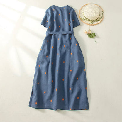 Buddha Stones Casual Dot Pattern Short Sleeve Lace-up Cotton Linen Women's Midi Dress With Pockets