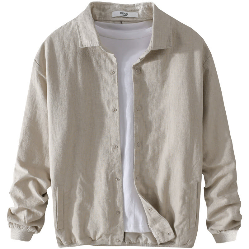Buddha Stones Ribbed Long Sleeve Design Men's Cotton Linen Jacket Shirt With Pockets