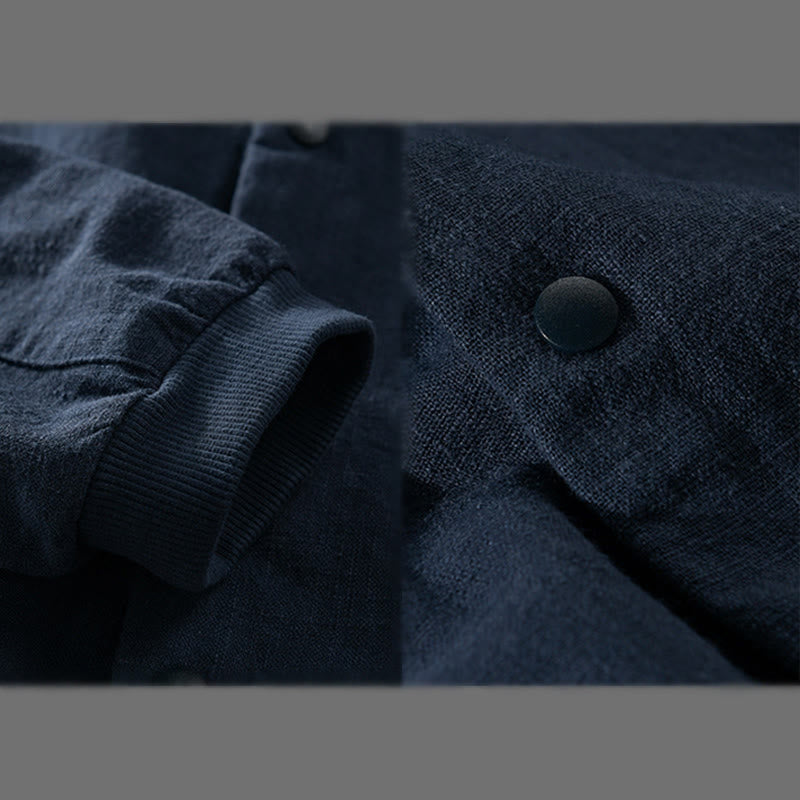 Buddha Stones Ribbed Long Sleeve Design Men's Cotton Linen Jacket Shirt With Pockets