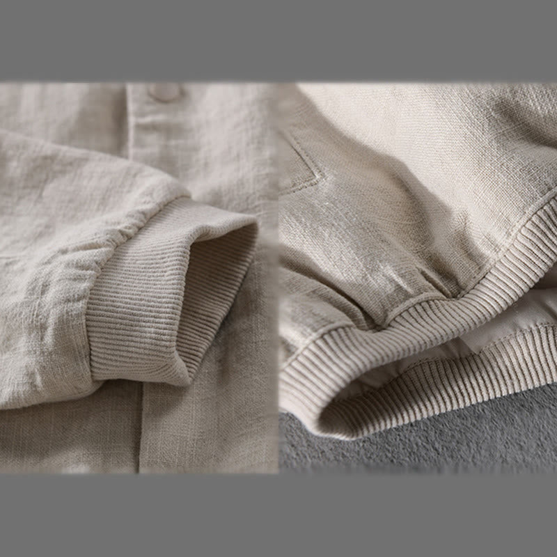 Buddha Stones Ribbed Long Sleeve Design Men's Cotton Linen Jacket Shirt With Pockets