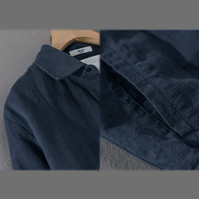 Buddha Stones Ribbed Long Sleeve Design Men's Cotton Linen Jacket Shirt With Pockets