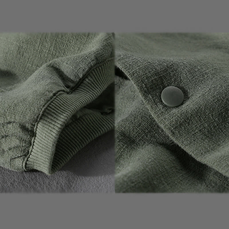 Buddha Stones Ribbed Long Sleeve Design Men's Cotton Linen Jacket Shirt With Pockets