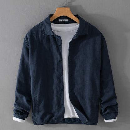 Buddha Stones Ribbed Long Sleeve Design Men's Cotton Linen Jacket Shirt With Pockets