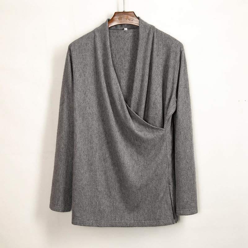 Buddha Stones Plain Irregular Collar Design Men's Cotton Long Sleeve Jacket Shirt