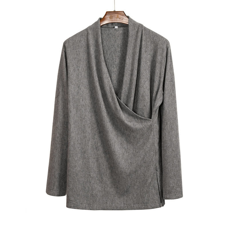 Buddha Stones Plain Irregular Collar Design Men's Cotton Long Sleeve Jacket Shirt