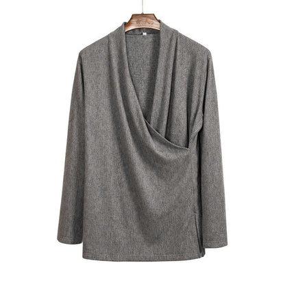 Buddha Stones Plain Irregular Collar Design Men's Cotton Long Sleeve Jacket Shirt