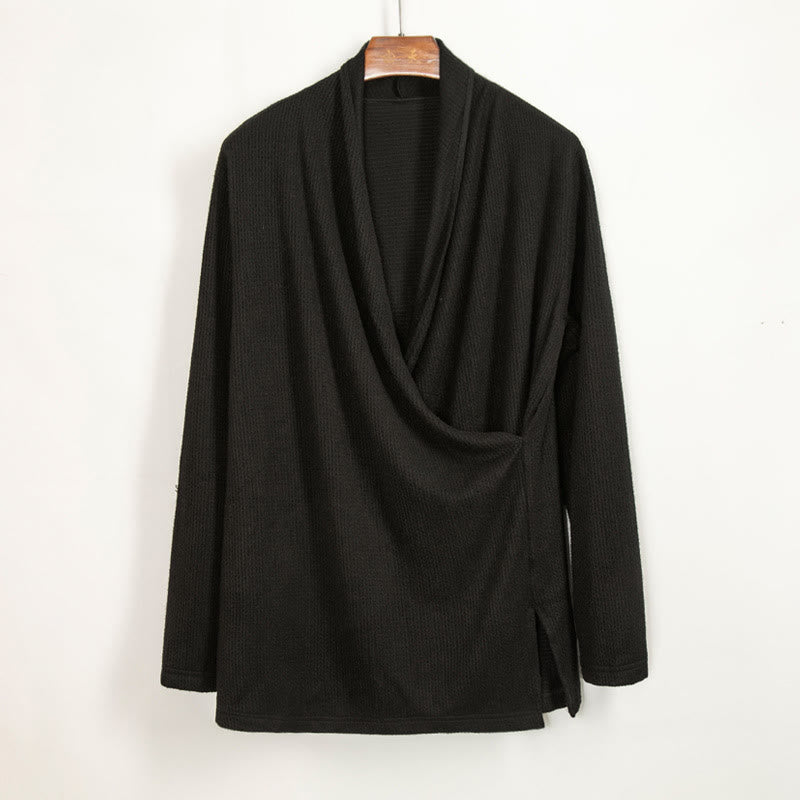 Buddha Stones Plain Irregular Collar Design Men's Cotton Long Sleeve Jacket Shirt