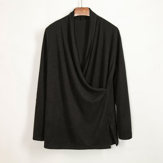 Buddha Stones Plain Irregular Collar Design Men's Cotton Long Sleeve Jacket Shirt
