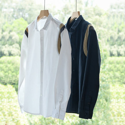 Buddha Stones Spring Color Contrast Patchwork Design Long Sleeve Men Cotton Shirt Clothing