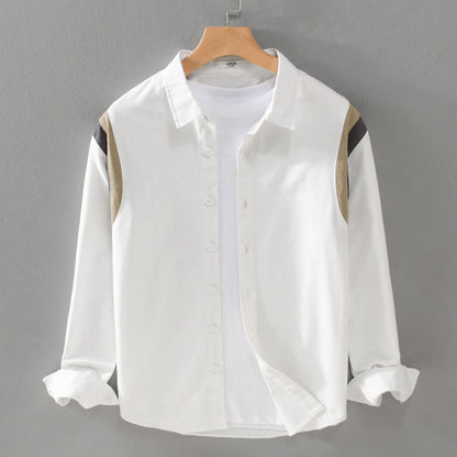 Buddha Stones Spring Color Contrast Patchwork Design Long Sleeve Men Cotton Shirt Clothing