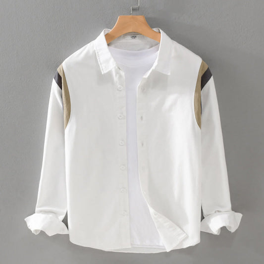 Buddha Stones Spring Color Contrast Patchwork Design Long Sleeve Men Cotton Shirt Clothing