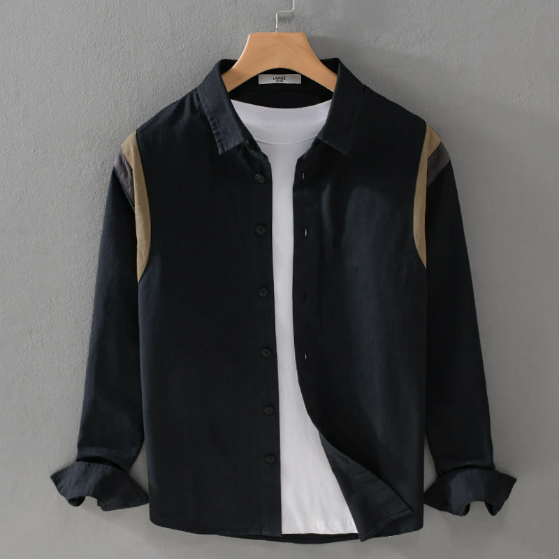 Buddha Stones Spring Color Contrast Patchwork Design Long Sleeve Men Cotton Shirt Clothing