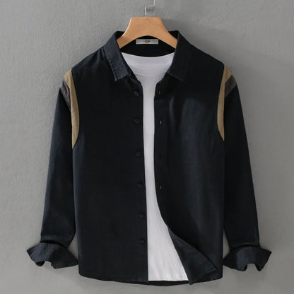 Buddha Stones Spring Color Contrast Patchwork Design Long Sleeve Men Cotton Shirt Clothing