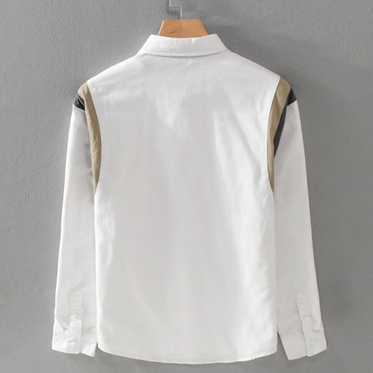 Buddha Stones Spring Color Contrast Patchwork Design Long Sleeve Men Cotton Shirt Clothing