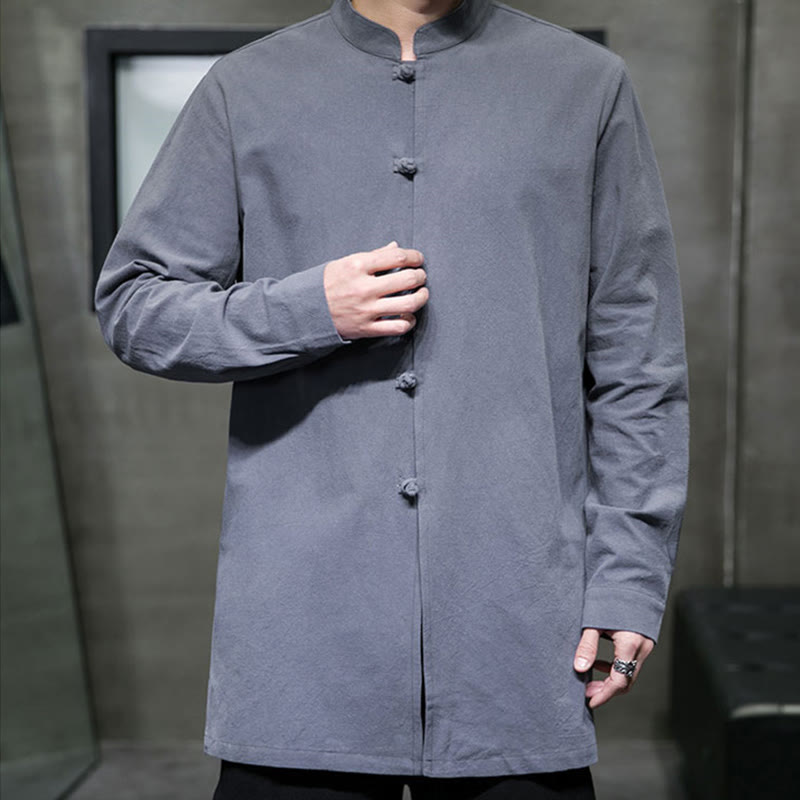Buddha Stones Simple Tang Suit Plain Chinese Frog-Button Men's Cotton Long Sleeve Jacket Shirt