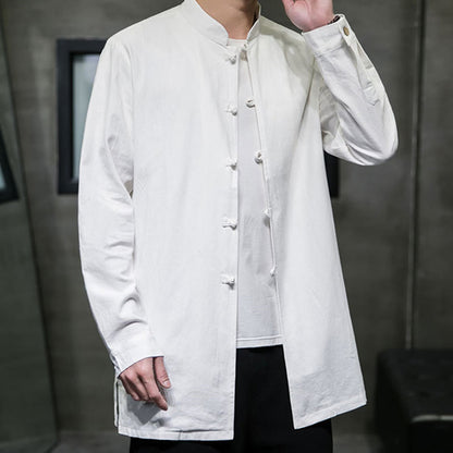 Buddha Stones Simple Tang Suit Plain Chinese Frog-Button Men's Cotton Long Sleeve Jacket Shirt