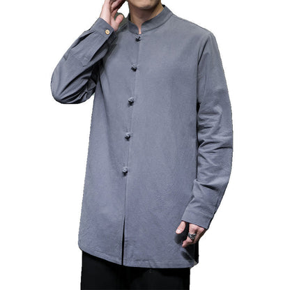Buddha Stones Simple Tang Suit Plain Chinese Frog-Button Men's Cotton Long Sleeve Jacket Shirt