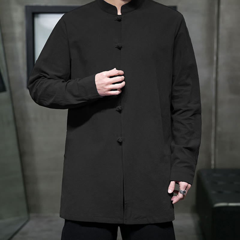 Buddha Stones Simple Tang Suit Plain Chinese Frog-Button Men's Cotton Long Sleeve Jacket Shirt