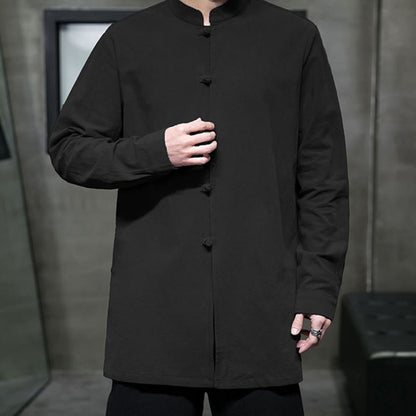 Buddha Stones Simple Tang Suit Plain Chinese Frog-Button Men's Cotton Long Sleeve Jacket Shirt