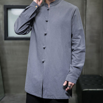 Buddha Stones Simple Tang Suit Plain Chinese Frog-Button Men's Cotton Long Sleeve Jacket Shirt