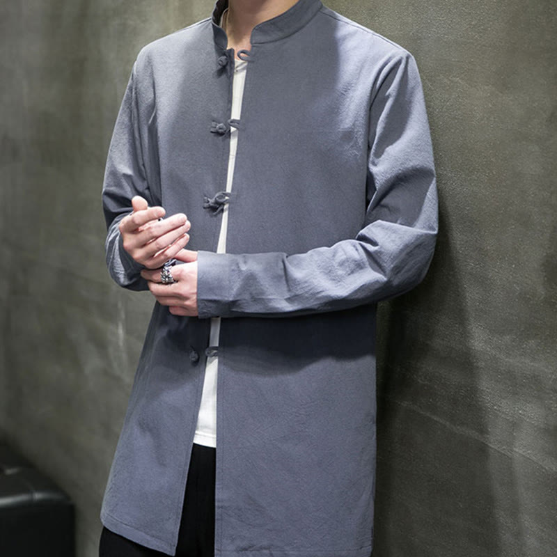 Buddha Stones Simple Tang Suit Plain Chinese Frog-Button Men's Cotton Long Sleeve Jacket Shirt