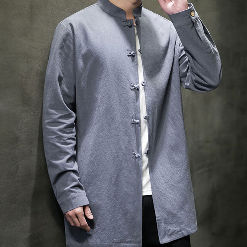 Buddha Stones Simple Tang Suit Plain Chinese Frog-Button Men's Cotton Long Sleeve Jacket Shirt
