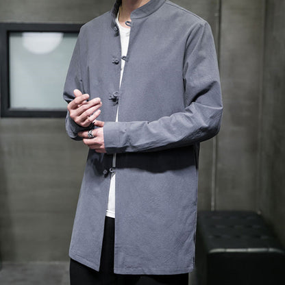 Buddha Stones Simple Tang Suit Plain Chinese Frog-Button Men's Cotton Long Sleeve Jacket Shirt