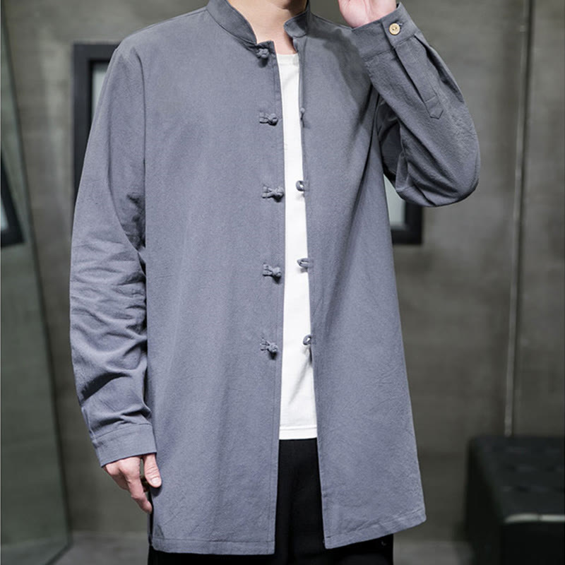 Buddha Stones Simple Tang Suit Plain Chinese Frog-Button Men's Cotton Long Sleeve Jacket Shirt