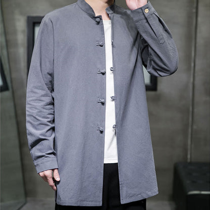 Buddha Stones Simple Tang Suit Plain Chinese Frog-Button Men's Cotton Long Sleeve Jacket Shirt