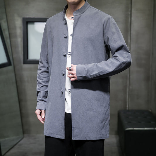 Buddha Stones Simple Tang Suit Plain Chinese Frog-Button Men's Cotton Long Sleeve Jacket Shirt