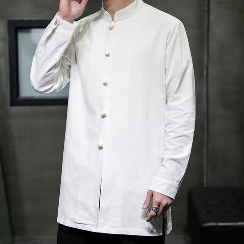 Buddha Stones Simple Tang Suit Plain Chinese Frog-Button Men's Cotton Long Sleeve Jacket Shirt