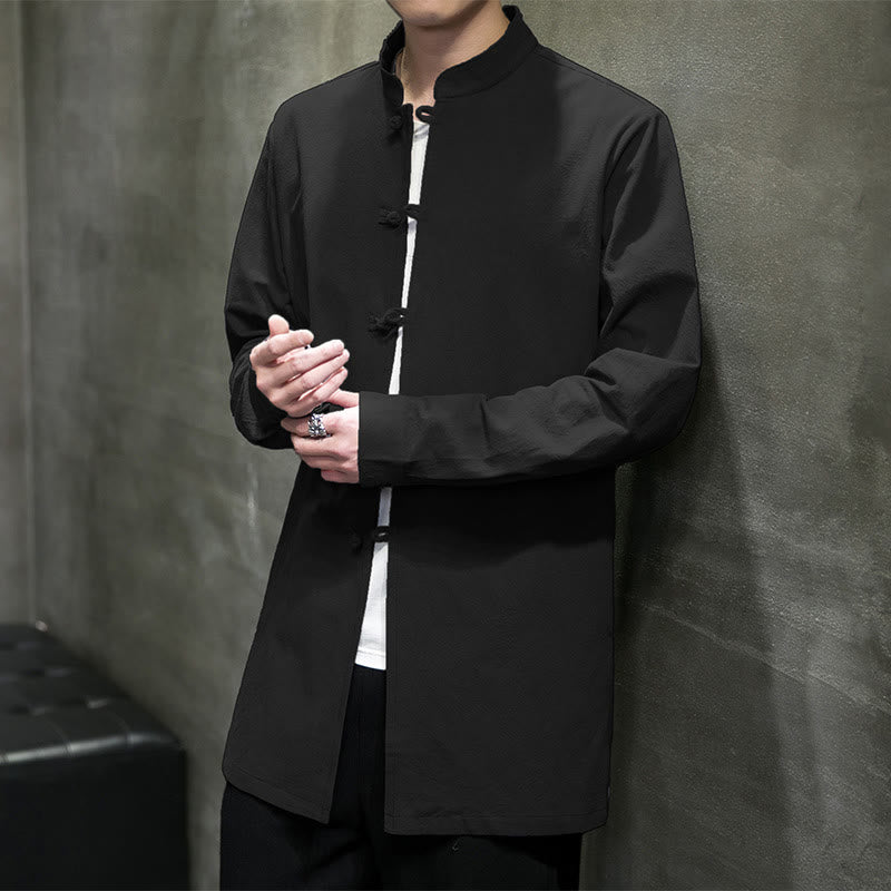 Buddha Stones Simple Tang Suit Plain Chinese Frog-Button Men's Cotton Long Sleeve Jacket Shirt
