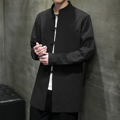Buddha Stones Simple Tang Suit Plain Chinese Frog-Button Men's Cotton Long Sleeve Jacket Shirt