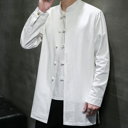 Buddha Stones Simple Tang Suit Plain Chinese Frog-Button Men's Cotton Long Sleeve Jacket Shirt