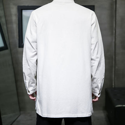 Buddha Stones Simple Tang Suit Plain Chinese Frog-Button Men's Cotton Long Sleeve Jacket Shirt