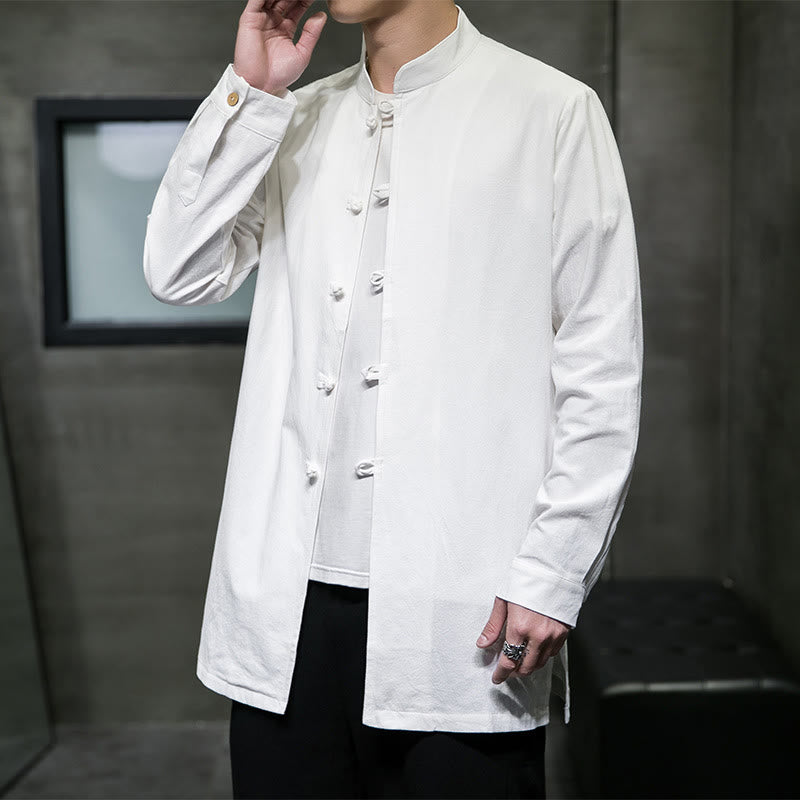 Buddha Stones Simple Tang Suit Plain Chinese Frog-Button Men's Cotton Long Sleeve Jacket Shirt