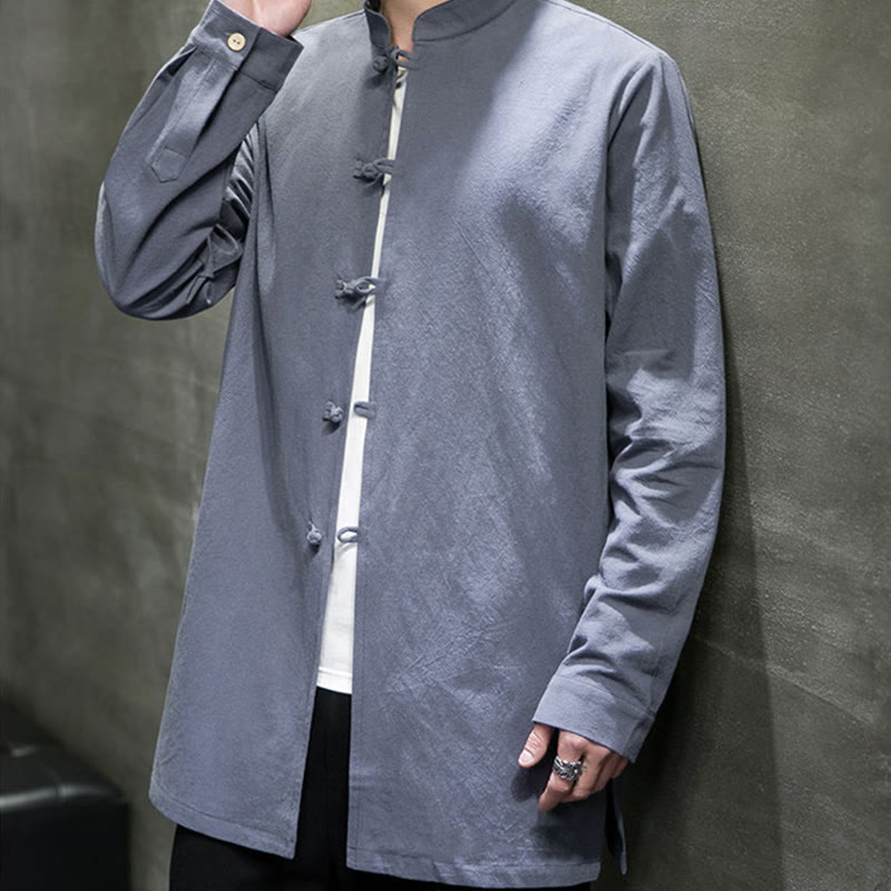 Buddha Stones Simple Tang Suit Plain Chinese Frog-Button Men's Cotton Long Sleeve Jacket Shirt
