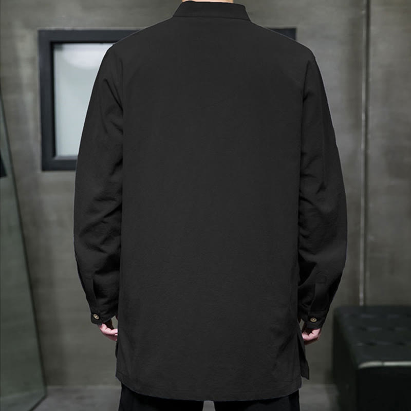 Buddha Stones Simple Tang Suit Plain Chinese Frog-Button Men's Cotton Long Sleeve Jacket Shirt