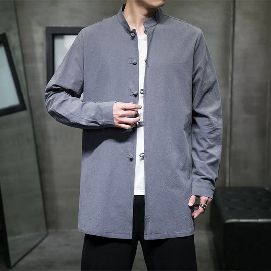 Buddha Stones Simple Tang Suit Plain Chinese Frog-Button Men's Cotton Long Sleeve Jacket Shirt