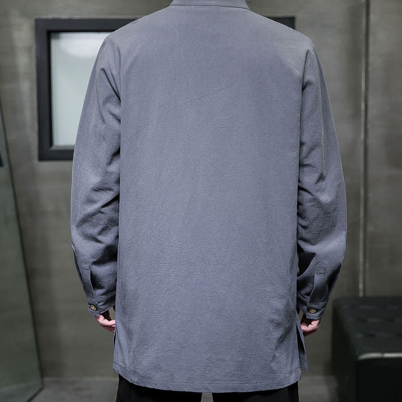 Buddha Stones Simple Tang Suit Plain Chinese Frog-Button Men's Cotton Long Sleeve Jacket Shirt