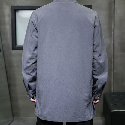 Buddha Stones Simple Tang Suit Plain Chinese Frog-Button Men's Cotton Long Sleeve Jacket Shirt