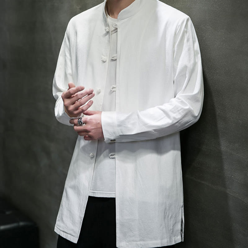 Buddha Stones Simple Tang Suit Plain Chinese Frog-Button Men's Cotton Long Sleeve Jacket Shirt